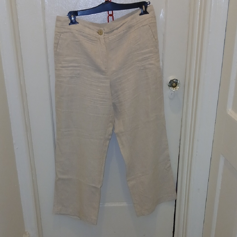 Light Beige Linen-Cotton Blend Crop Pants WOMEN,S